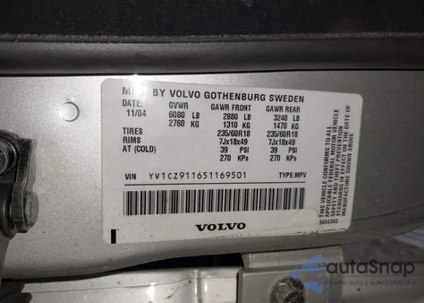 2005 Volvo Xc90 2.5T Awd from USA, damaged, VIN YV1CZ911651169501